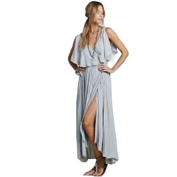 Free People Fiona Long Gray Floral Embroidered Wrap Maxi Dress SIZE S - Picture 7 of 10